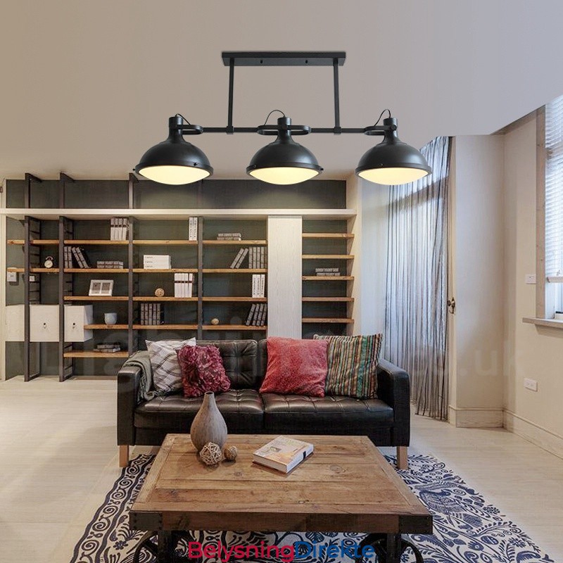 Retro Rustik Stål Pendellampe Med 3 Lys Og Glassskjerm