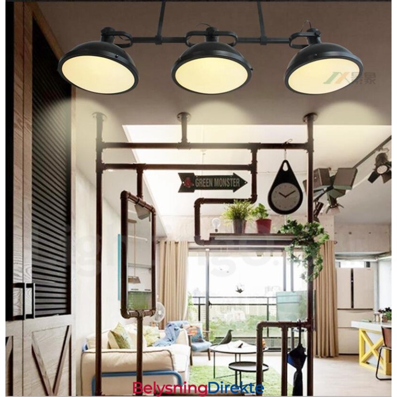 Retro Rustik Stål Pendellampe Med 3 Lys Og Glassskjerm