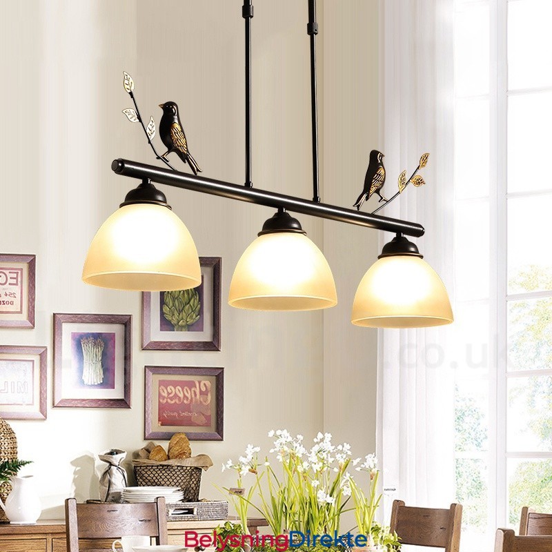 Retro Rustik Stål Pendellampe Med 3 Lys Og Glassskjerm