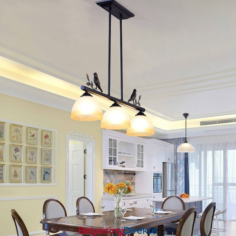 Retro Rustik Stål Pendellampe Med 3 Lys Og Glassskjerm