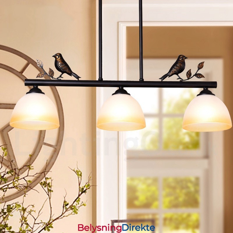 Retro Rustik Stål Pendellampe Med 3 Lys Og Glassskjerm