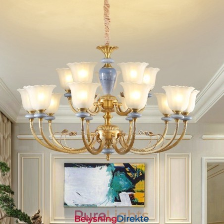 15 Lys Retro Rustikk Luksuriøs Messing Pendellampe Med Glassskjerm