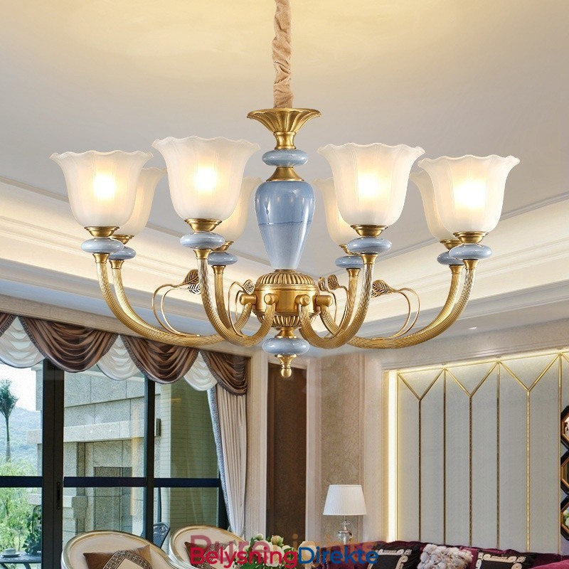 8 Lys Retro Rustikk Luksuriøs Messing Pendellampe Med Glassskjerm