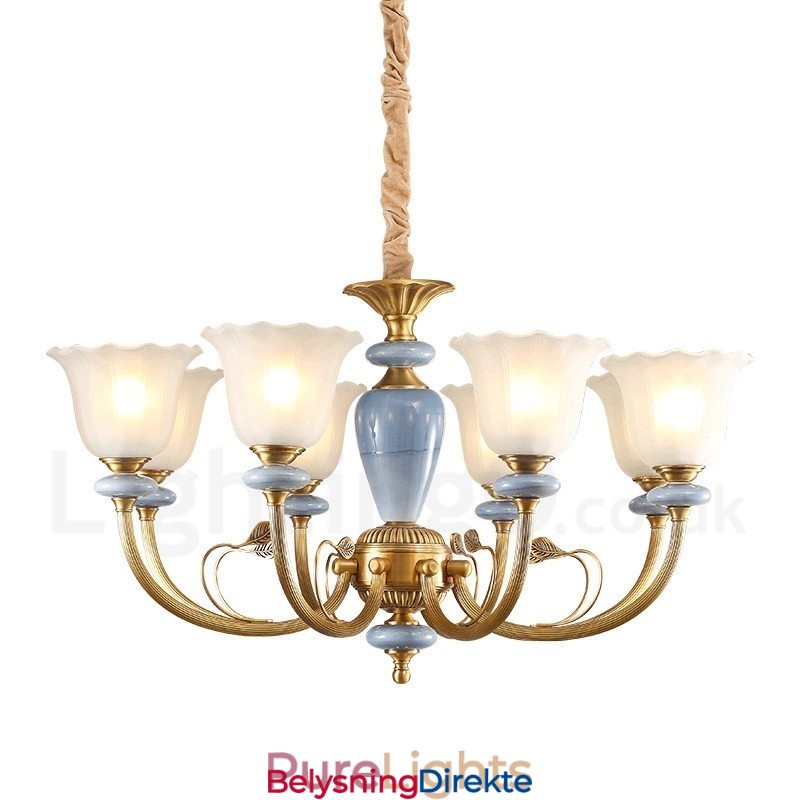 8 Lys Retro Rustikk Luksuriøs Messing Pendellampe Med Glassskjerm