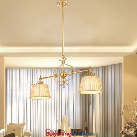 Retro Rustikk Luksuriøs Messing Pendellampe Med 2 Lys Og Stoffskjerm