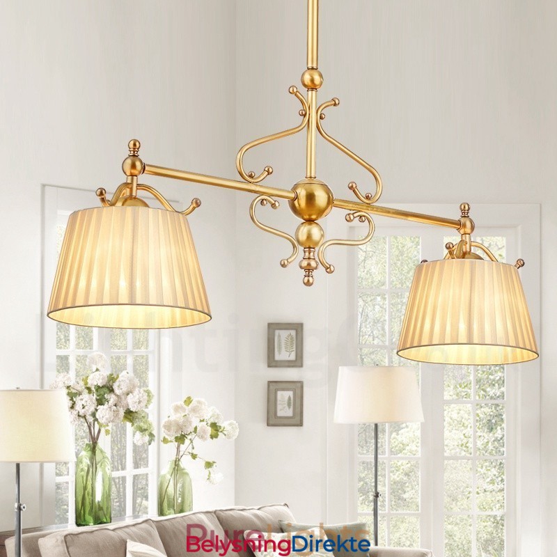 Retro Rustikk Luksuriøs Messing Pendellampe Med 2 Lys Og Stoffskjerm