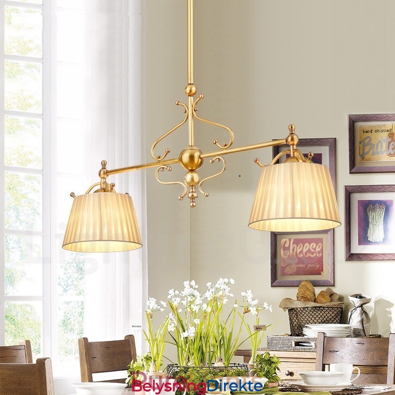 Retro Rustikk Luksuriøs Messing Pendellampe Med 2 Lys Og Stoffskjerm