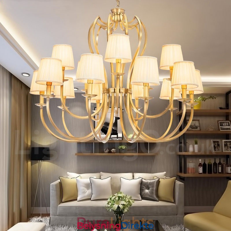 18 Lys Retro Rustikk Luksuriøs Messing Pendellampe Med Stoffskjerm