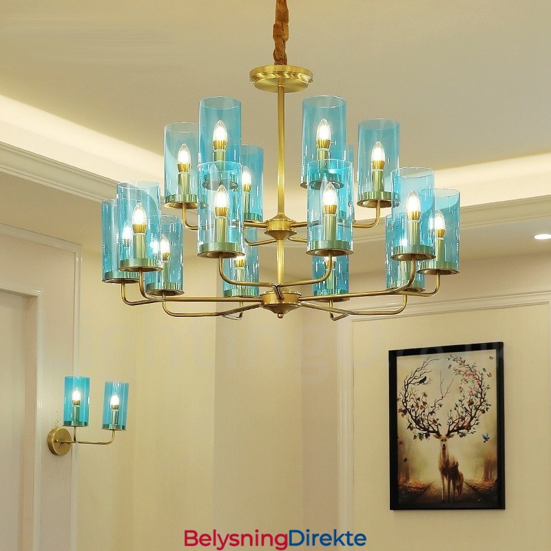 16 Lys Retro Rustikk Luksuriøs Messing Pendellampe Med Glassskjerm