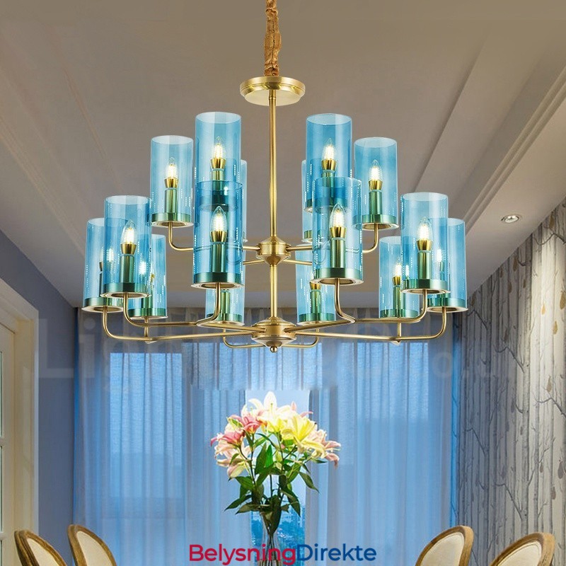 16 Lys Retro Rustikk Luksuriøs Messing Pendellampe Med Glassskjerm