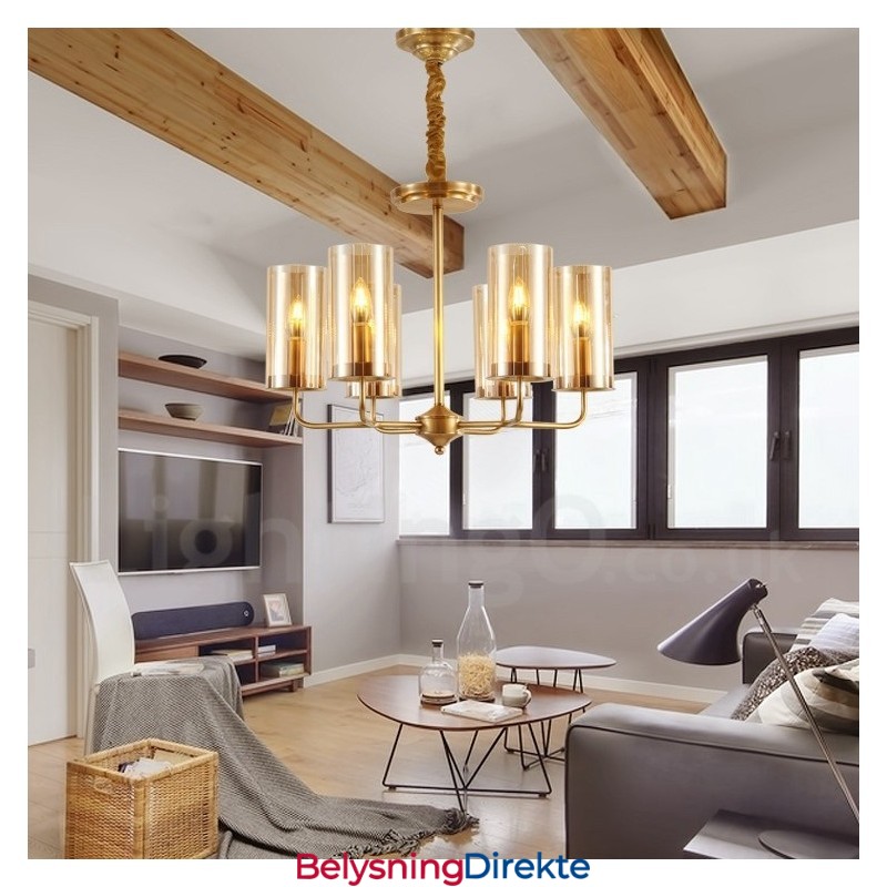 Retro Rustik Luksuriøs Messing Pendellampe Med 6 Lys Og Glassskjerm