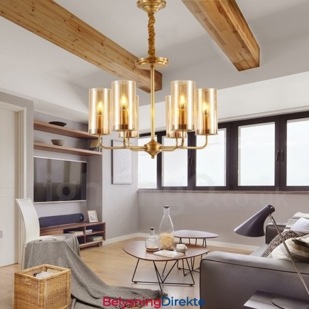 Retro Rustik Luksuriøs Messing Pendellampe Med 6 Lys Og Glassskjerm