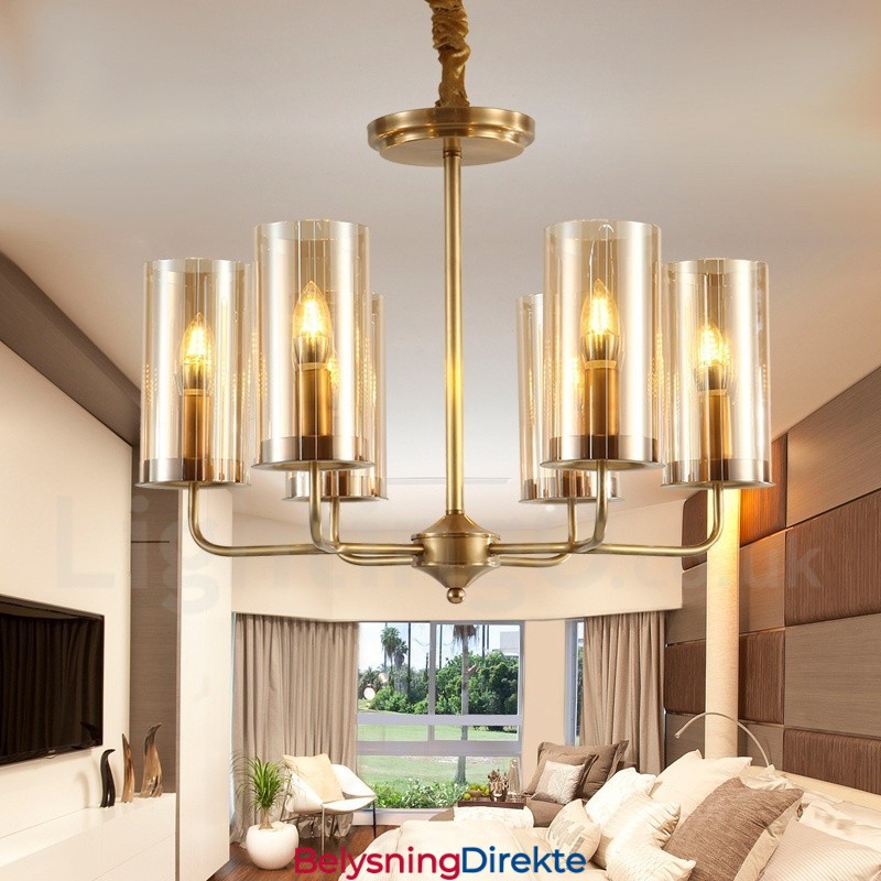 Retro Rustik Luksuriøs Messing Pendellampe Med 6 Lys Og Glassskjerm