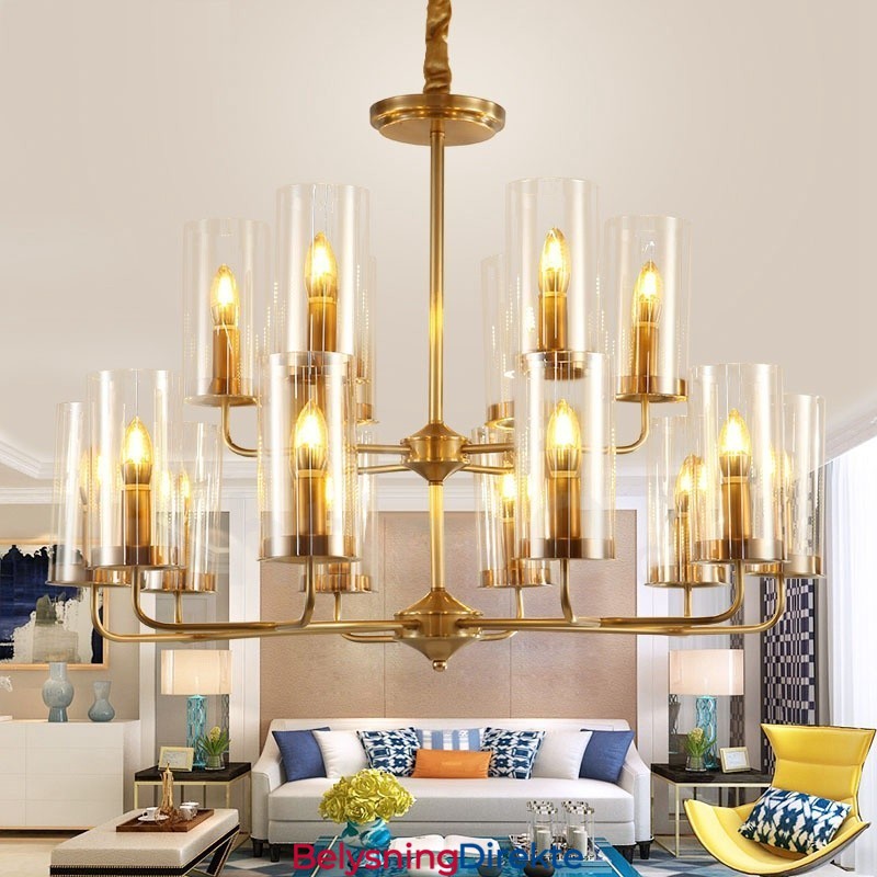 16 Lys Retro Rustikk Luksuriøs Messing Pendellampe Med Glassskjerm