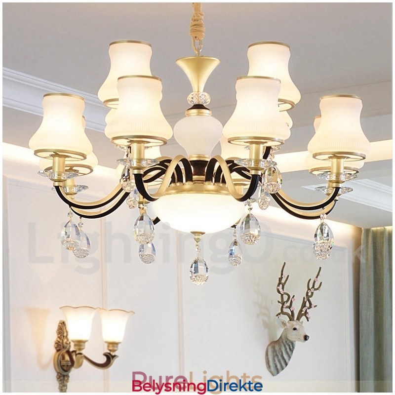 12-Lyss Retro Rustikk Luksuriøs Krystall Pendellampe Med Glassskjerm