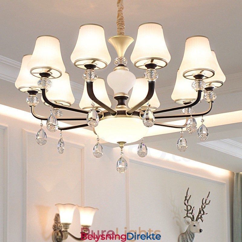 Moderne, Samtidskunst, Retro, Luksuriøs Krystallanhengslampe Med Glassskjerm