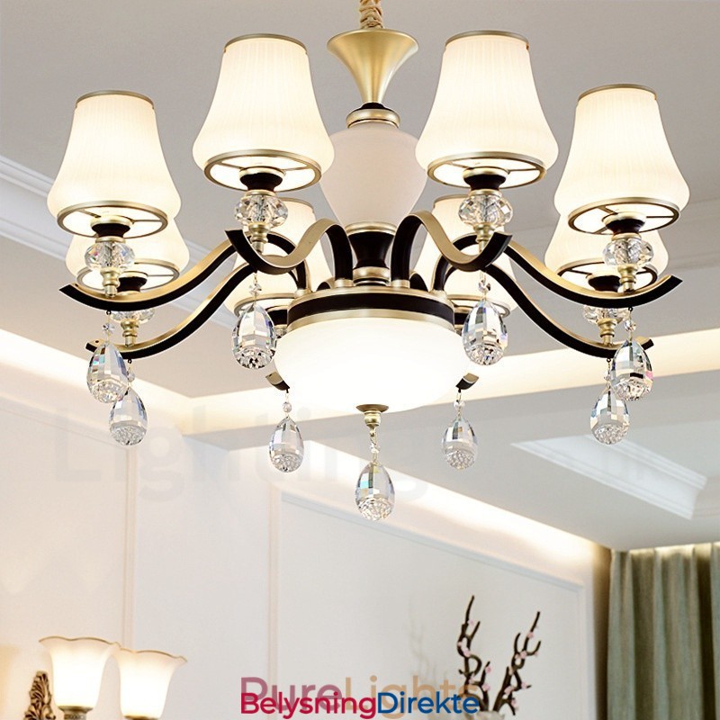 Moderne, Samtidskunst, Retro, Luksuriøs Krystallanhengslampe Med Glassskjerm