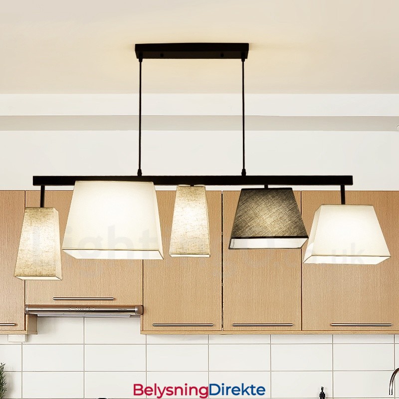 Moderne Og Moderne Pendellampe I Stål Med 5 Lys Og Stoffskjerm