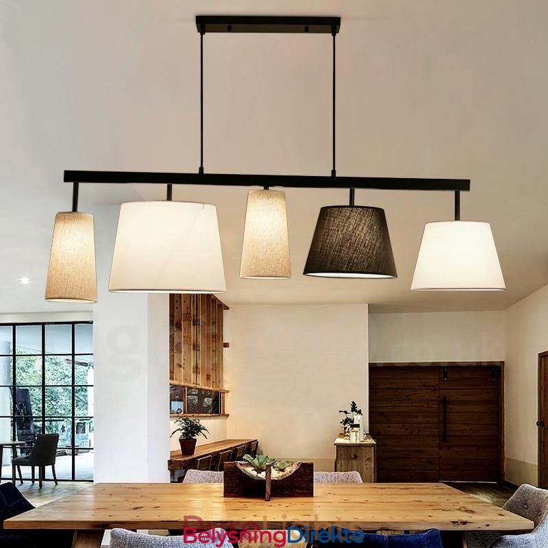 Moderne Og Moderne Pendellampe I Stål Med 5 Lys Og Stoffskjerm