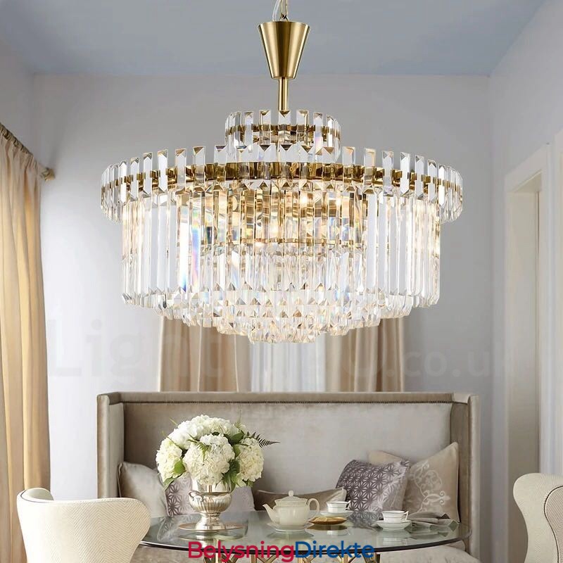 Moderne Og Samtidskunstnerisk Pendellampe I Stål Med 9 Lys Og Krystallskjerm