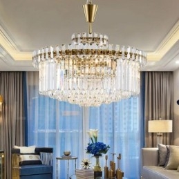 Moderne Og Samtidskunstnerisk Pendellampe I Stål Med 9 Lys Og Krystallskjerm