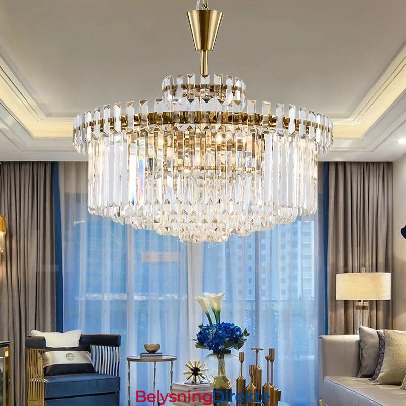 Moderne Og Samtidskunstnerisk Pendellampe I Stål Med 9 Lys Og Krystallskjerm