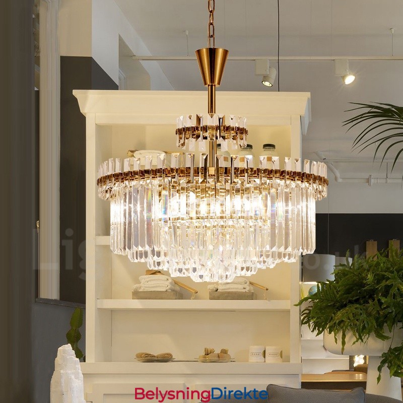 Moderne Og Samtidskunstnerisk Pendellampe I Stål Med 9 Lys Og Krystallskjerm