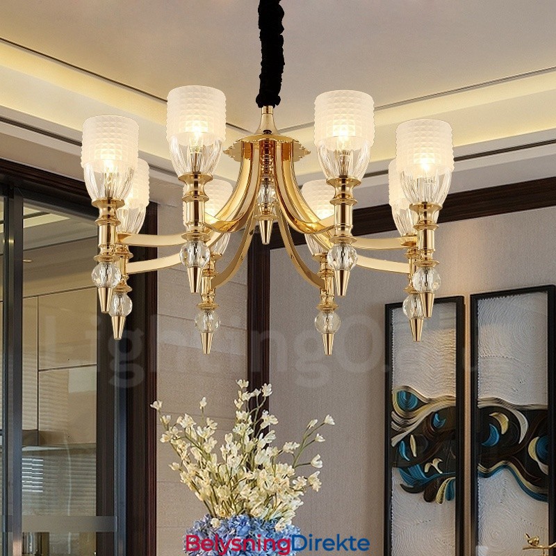 Middelhavslysekrone I Stål Med 8 Lys Og Glassskjerm