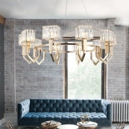 Moderne Og Samtidskunstnerisk Anhengslampe I Stål Med 10 Lys Og Krystallskjerm