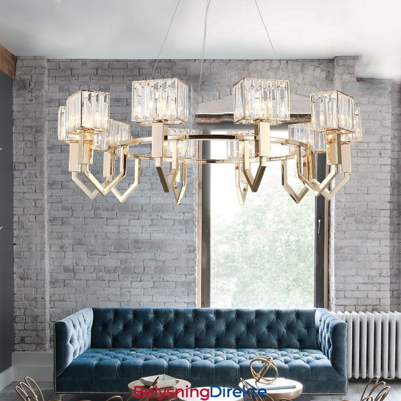 Moderne Og Samtidskunstnerisk Anhengslampe I Stål Med 10 Lys Og Krystallskjerm