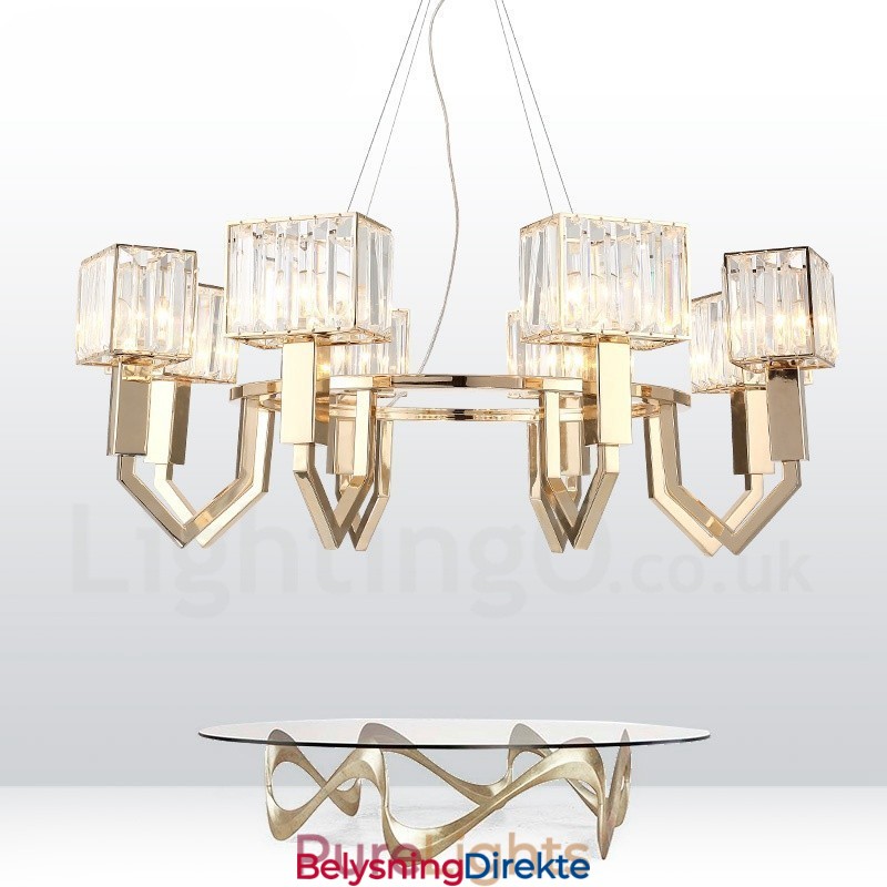 Moderne Og Samtidskunstnerisk Stålpendellampe Med 8 Lys Og Krystallskjerm