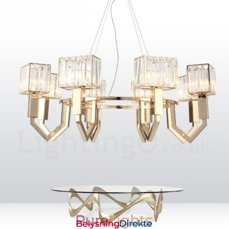 Moderne Og Samtidskunstnerisk Stålpendellampe Med 8 Lys Og Krystallskjerm