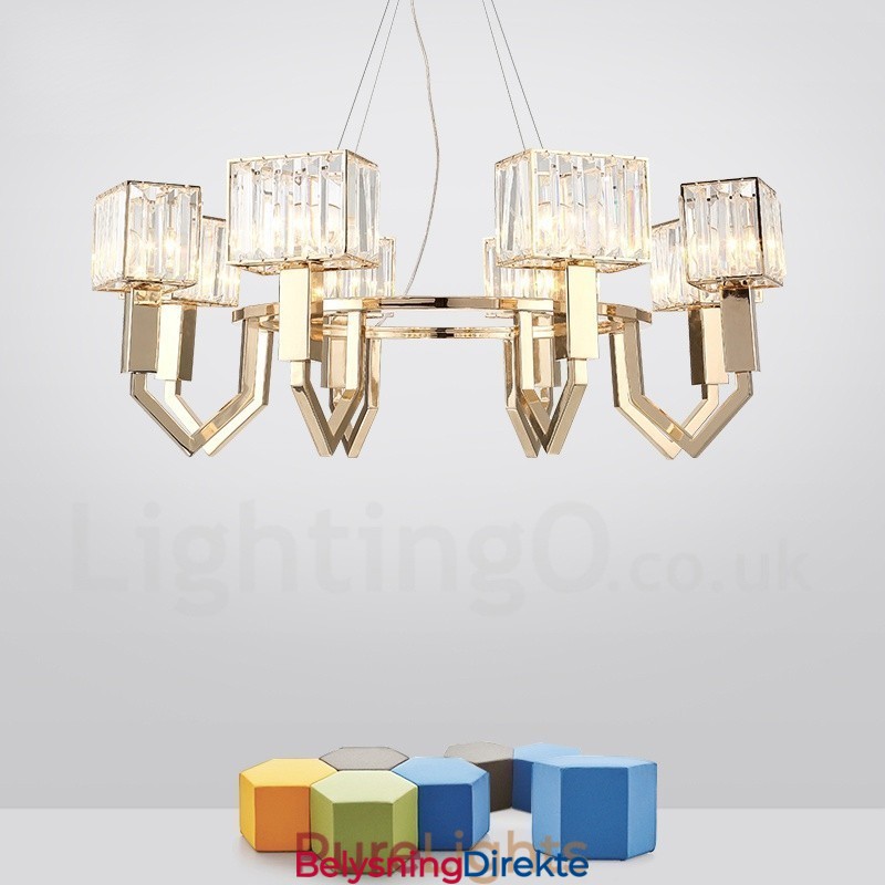 Moderne Og Samtidskunstnerisk Stålpendellampe Med 8 Lys Og Krystallskjerm