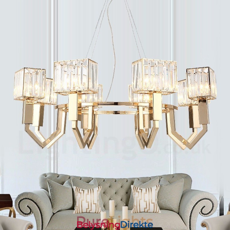 Moderne Og Samtidskunstnerisk Stålpendellampe Med 8 Lys Og Krystallskjerm