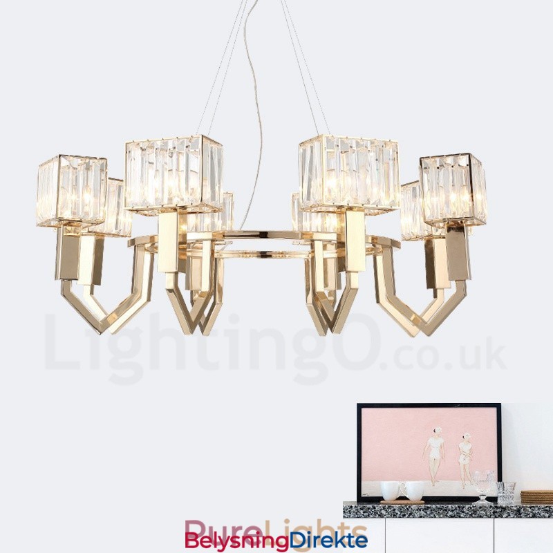 Moderne Og Samtidskunstnerisk Stålpendellampe Med 8 Lys Og Krystallskjerm