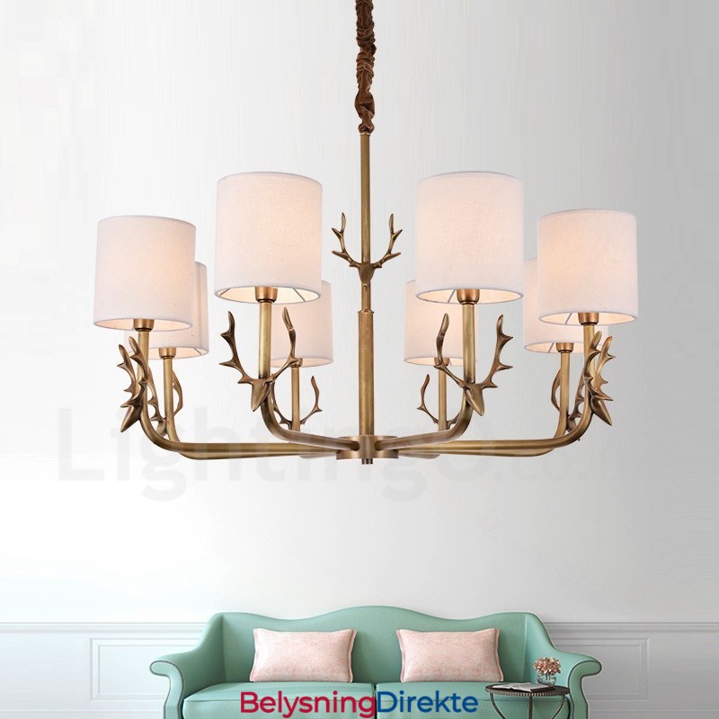 Rustic Lodge 8-Lyss Messinglysekrone Med Stoffskjerm