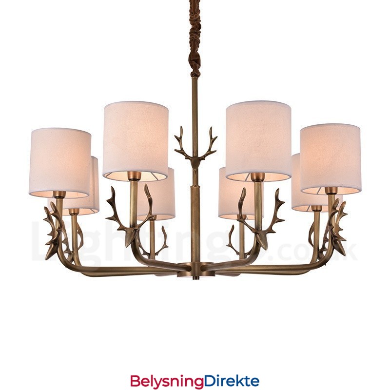 Rustic Lodge 8-Lyss Messinglysekrone Med Stoffskjerm