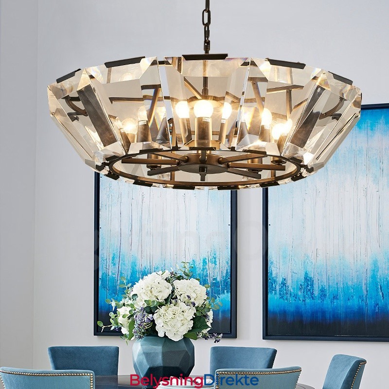 Moderne Og Samtidskunstnerisk Stålpendellampe Med 8 Lys Og Krystallglassskjerm