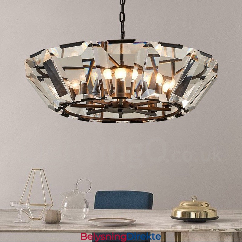 Moderne Og Samtidskunstnerisk Stålpendellampe Med 8 Lys Og Krystallglassskjerm