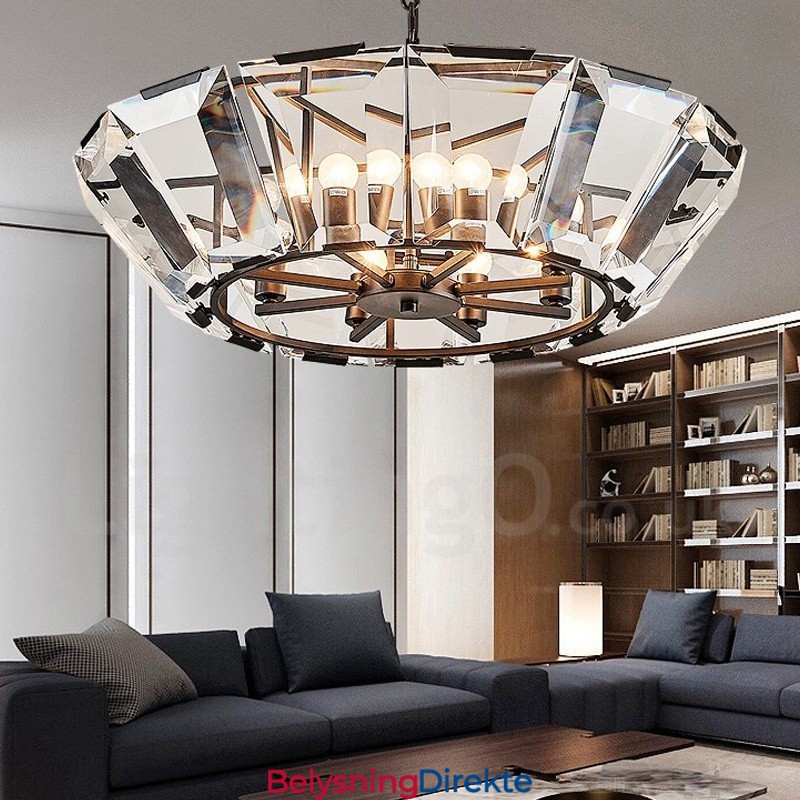 Moderne Og Samtidskunstnerisk Stålpendellampe Med 8 Lys Og Krystallglassskjerm
