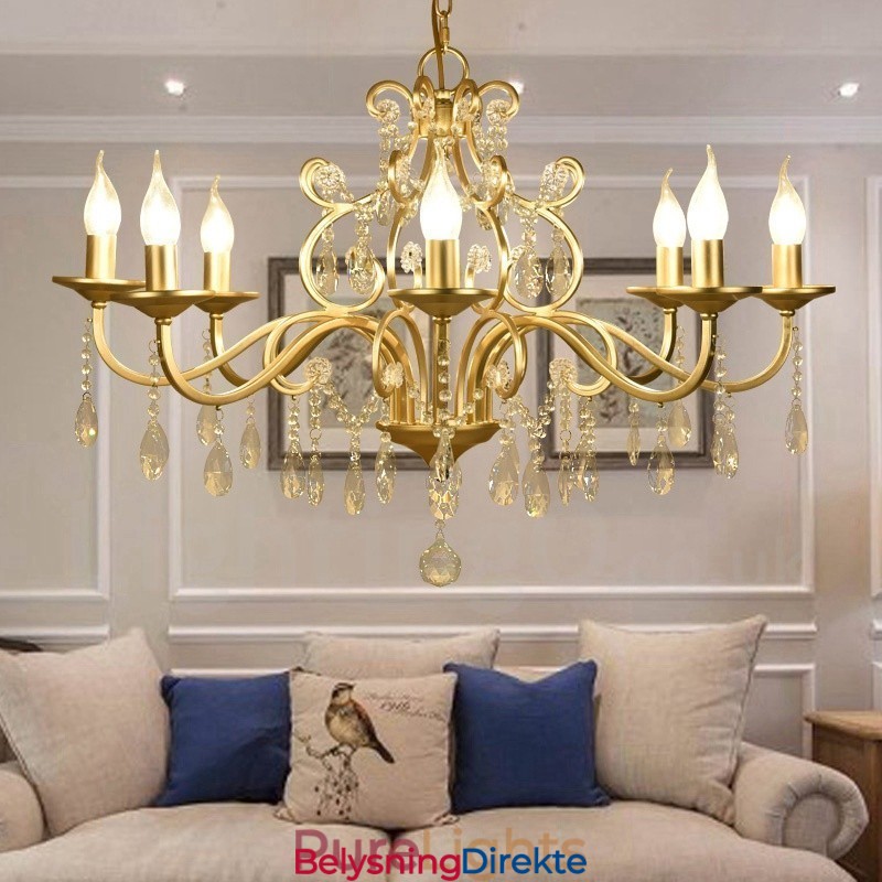 Rustic Lodge 8-Lyss Krystallstållysekrone Med Stoffskjerm