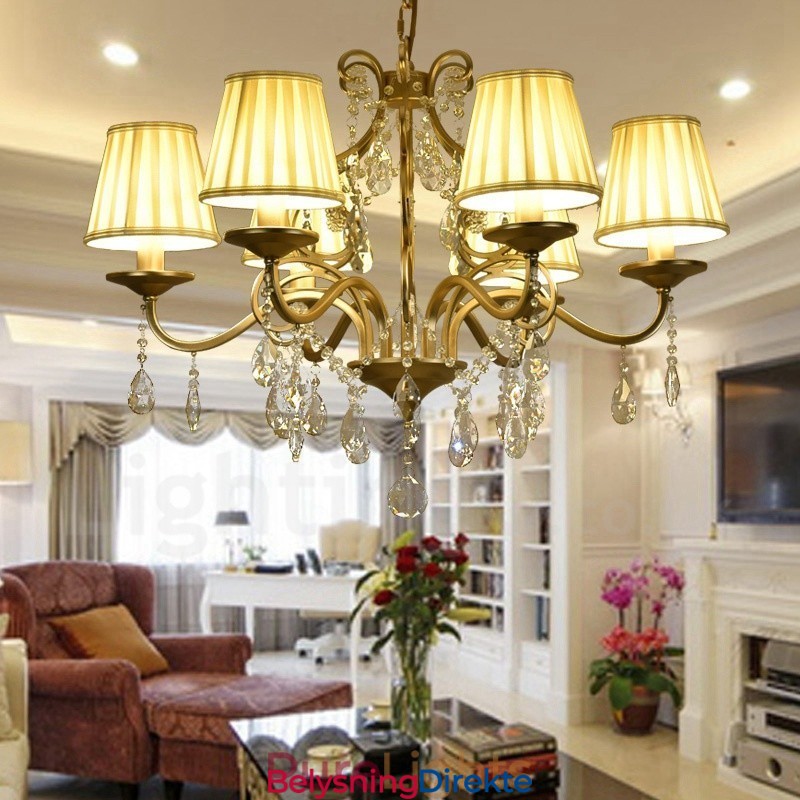 Rustic Lodge 8-Lyss Krystallstållysekrone Med Stoffskjerm