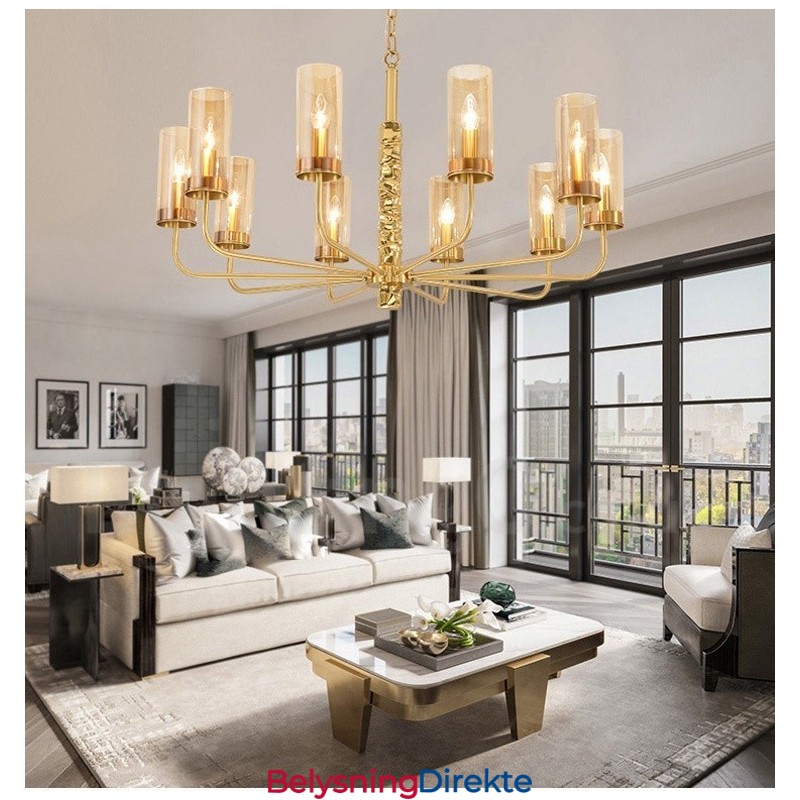 Moderne Og Moderne Messinglysekrone Med 10 Lys Og Glassskjerm