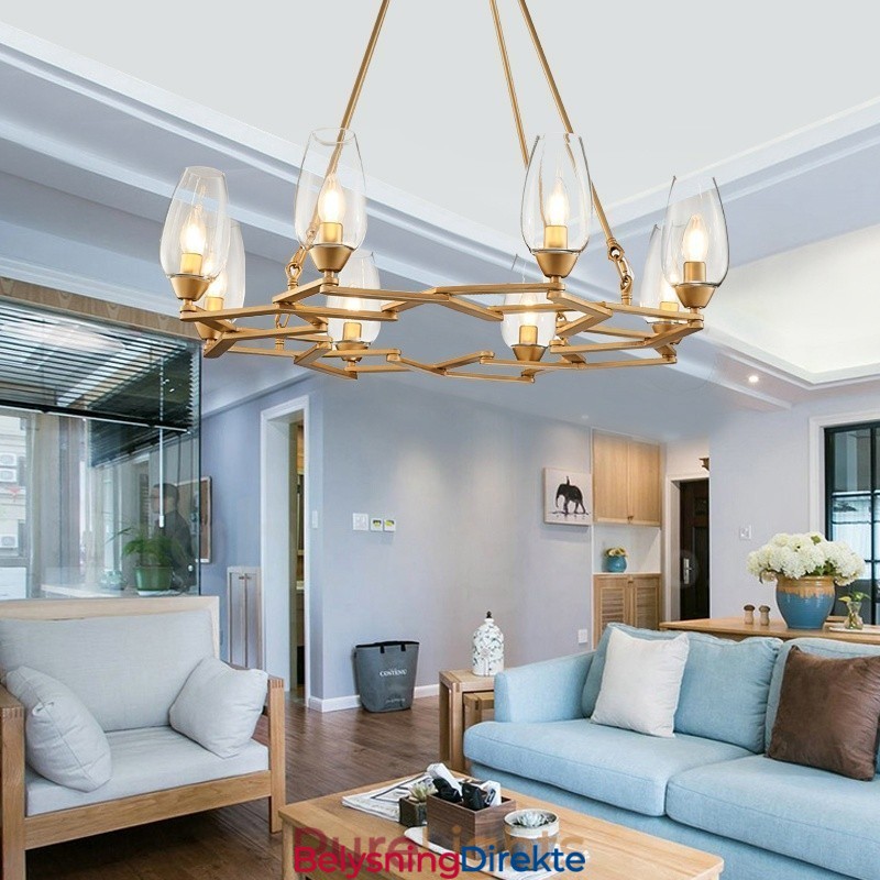 Moderne Og Samtidskunstnerisk Stålpendellampe Med 8 Lys Og Glassskjerm