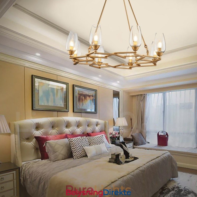 Moderne Og Samtidskunstnerisk Stålpendellampe Med 8 Lys Og Glassskjerm