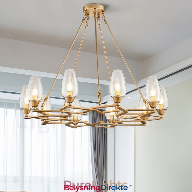 Moderne Og Samtidskunstnerisk Stålpendellampe Med 10 Lys Og Glassskjerm