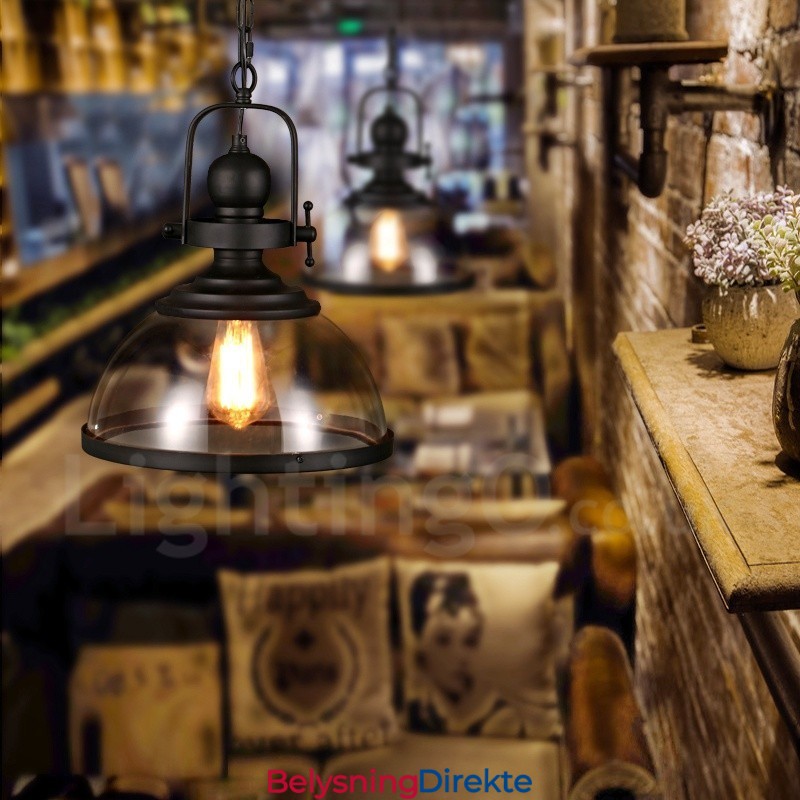 Retro Pendellampe I Stål Med 1 Lys Og Glassskjerm