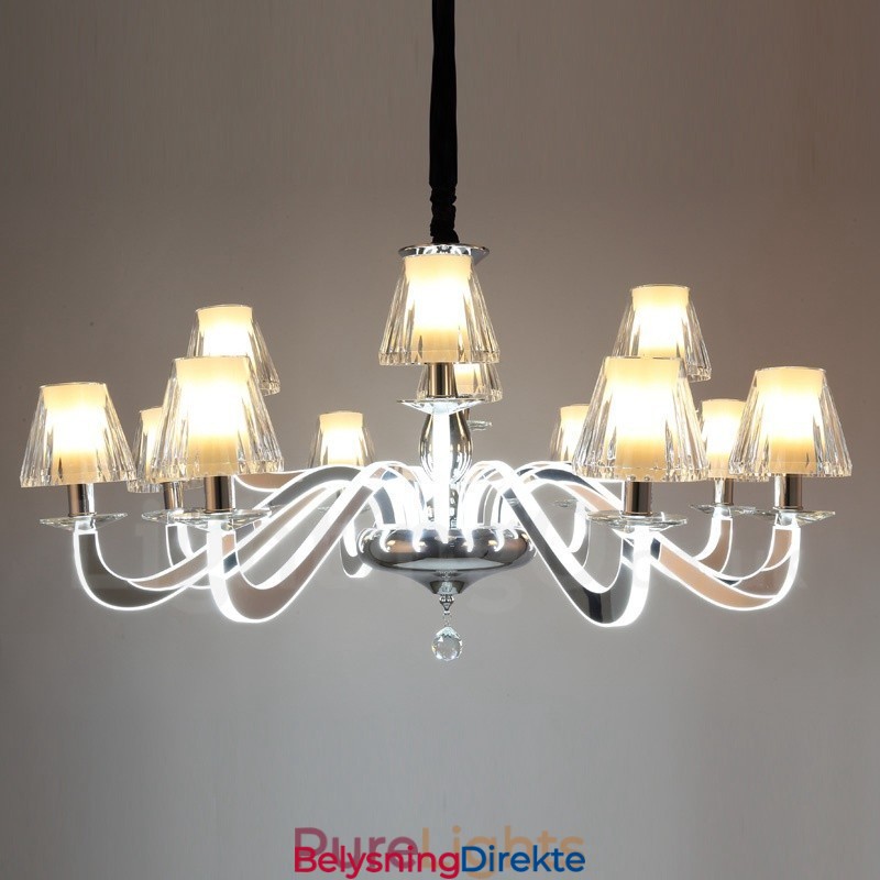 Dimbar Moderne Samtidskrone I Stål Med 12 Lys Og Glassskjerm