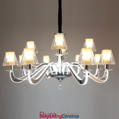 Dimbar Moderne Samtidskrone I Stål Med 12 Lys Og Glassskjerm