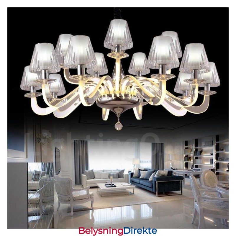Dimbar Moderne Samtidskrone I Stål Med 15 Lys Og Glassskjerm